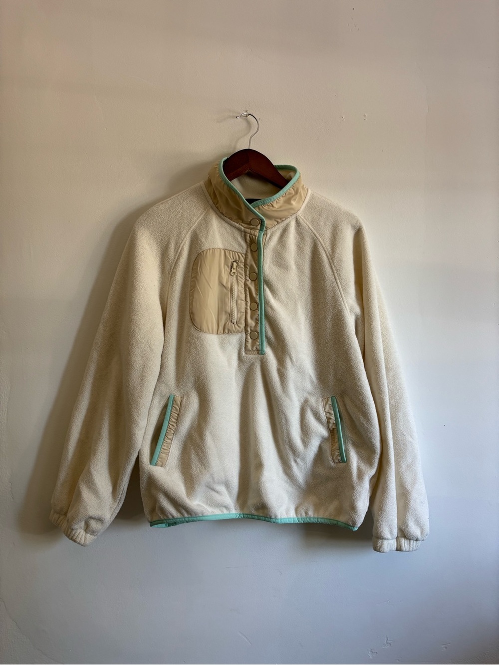 Cream Fleece Pullover Hoodie with Mint Trim